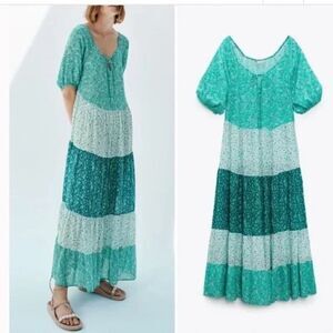 Zara Floral Tiered Puff Sleeve Maxi Dress Women Size S
